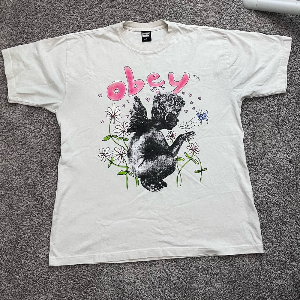 OBEY GARDEN FAIRY T-SHIRT PALM LEAF Cream and Pink Size L